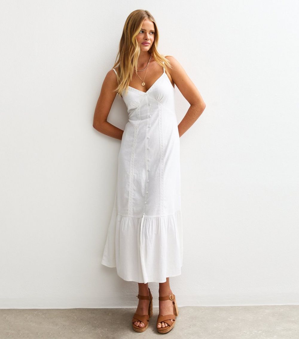 White Button Detail Tiered Hem Midi Dress
