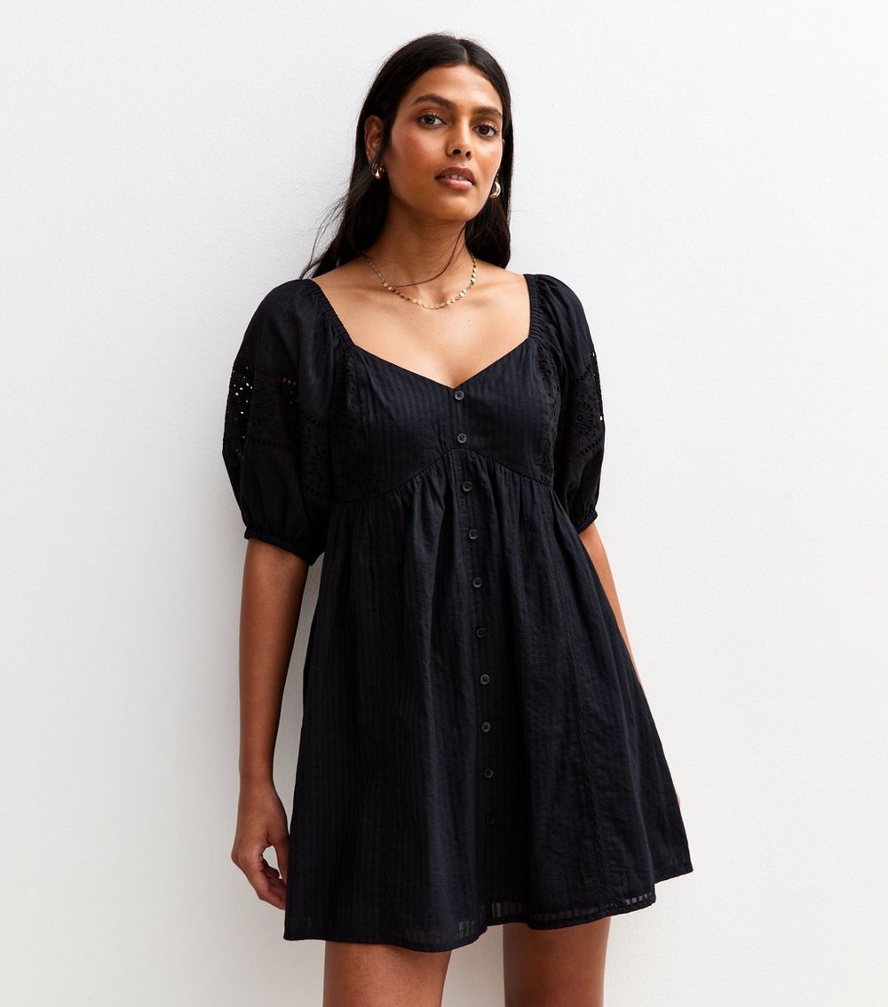 Black Striped Embroidered Sleeve Mini Dress
