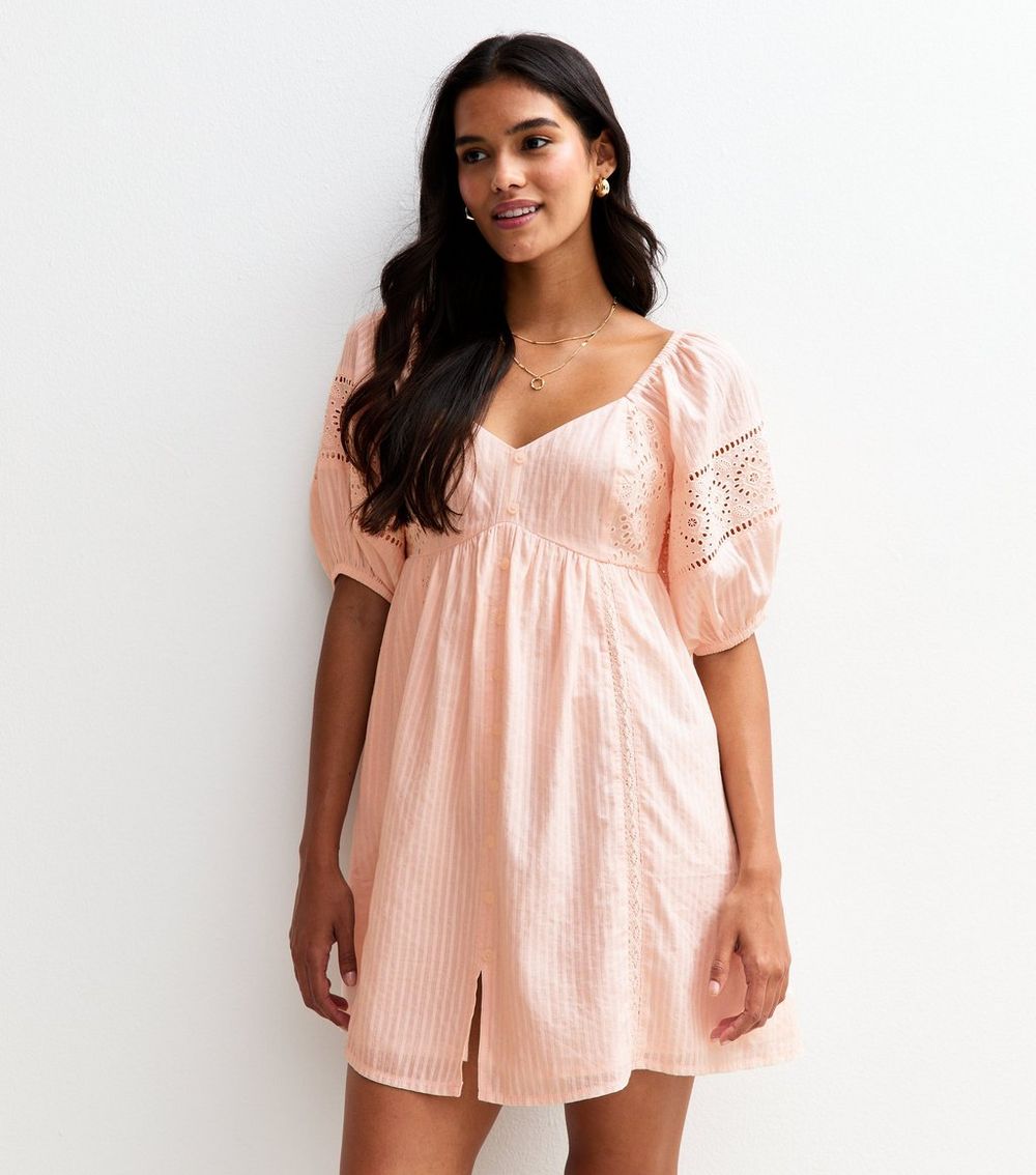 Light Pink Striped Embroidered Sleeve Mini Dress