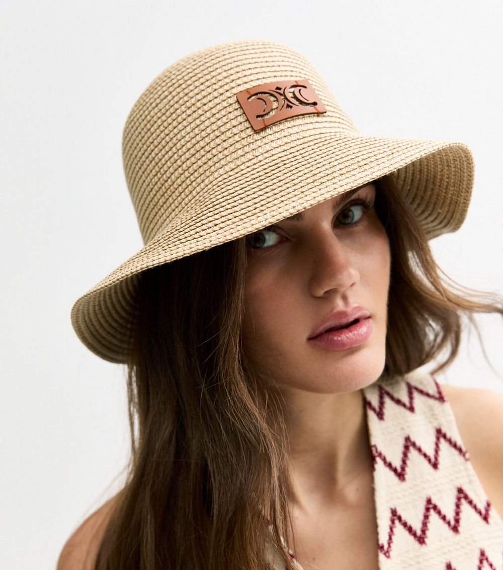 Brown Faux Leather Patch Straw Effect Bucket Hat