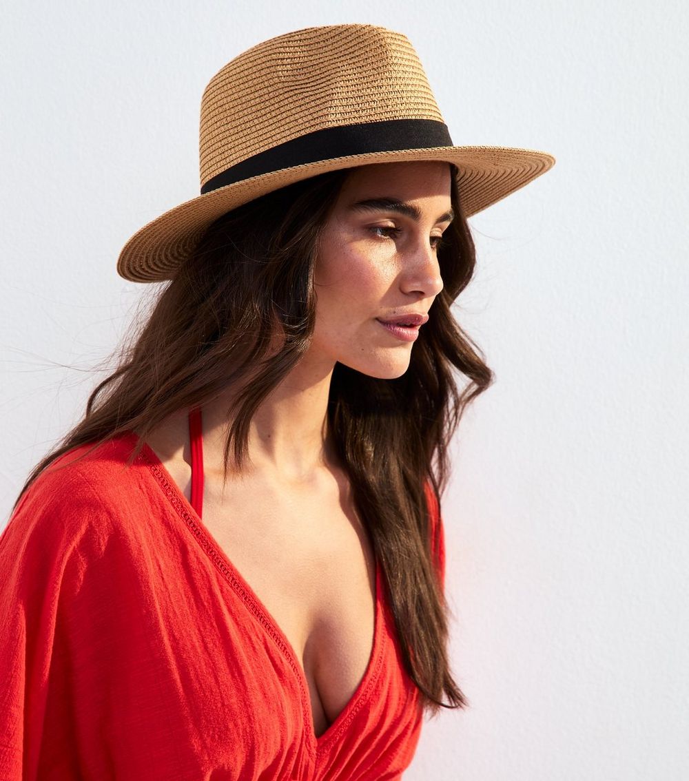 Brown Bow Detail Straw Effect Fedora Hat
