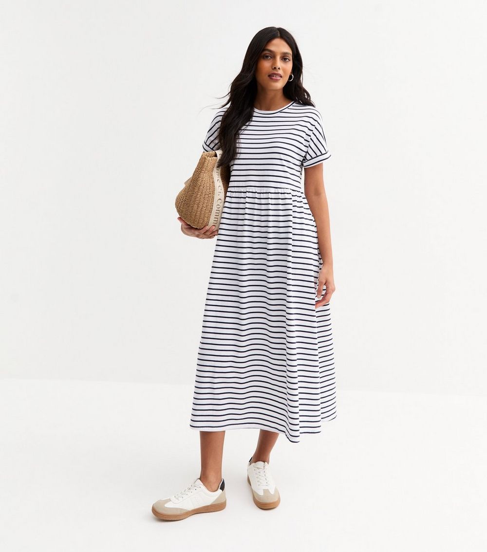 White Stripe Print Smock Midi Dress