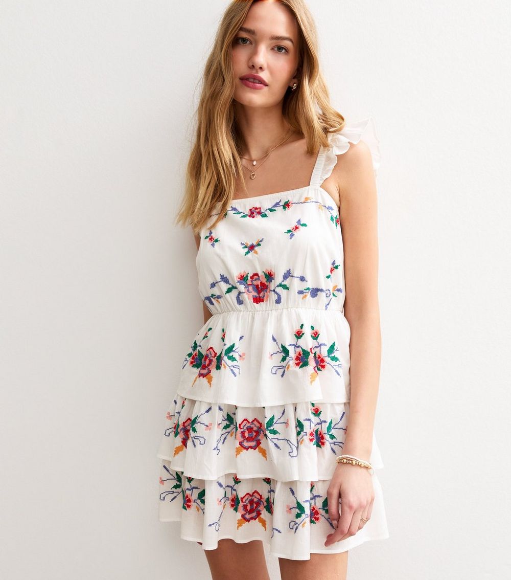 White Tiered Floral Embroidered Mini Dress