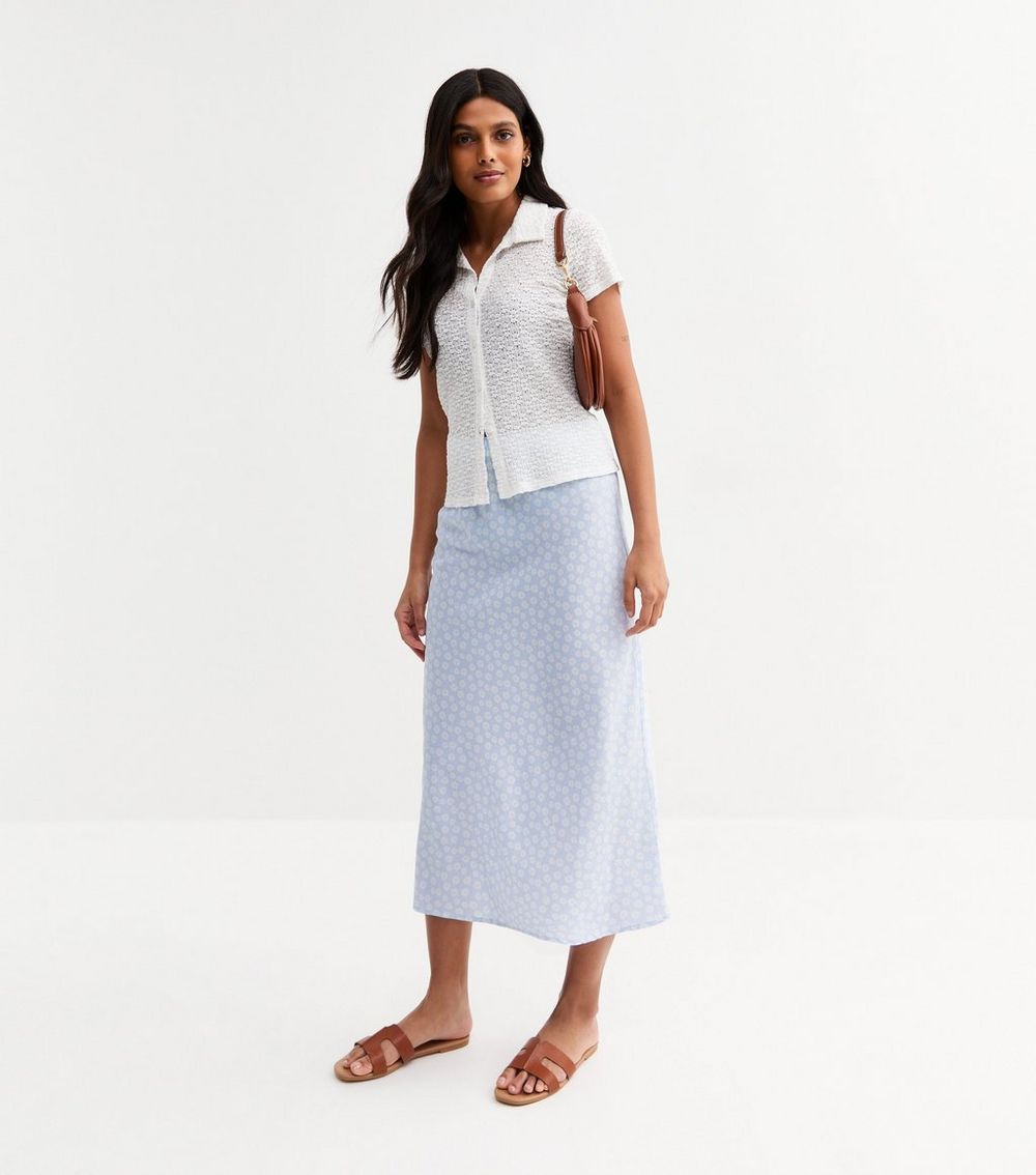 Blue Daisy Print Bias Cut Midi Skirt