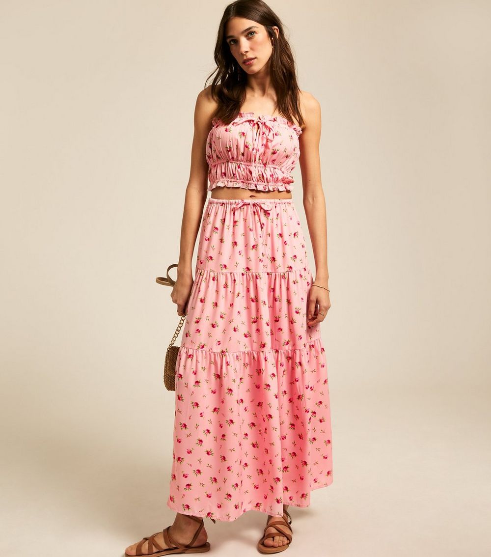 Pink Rose Print Tiered Maxi Skirt