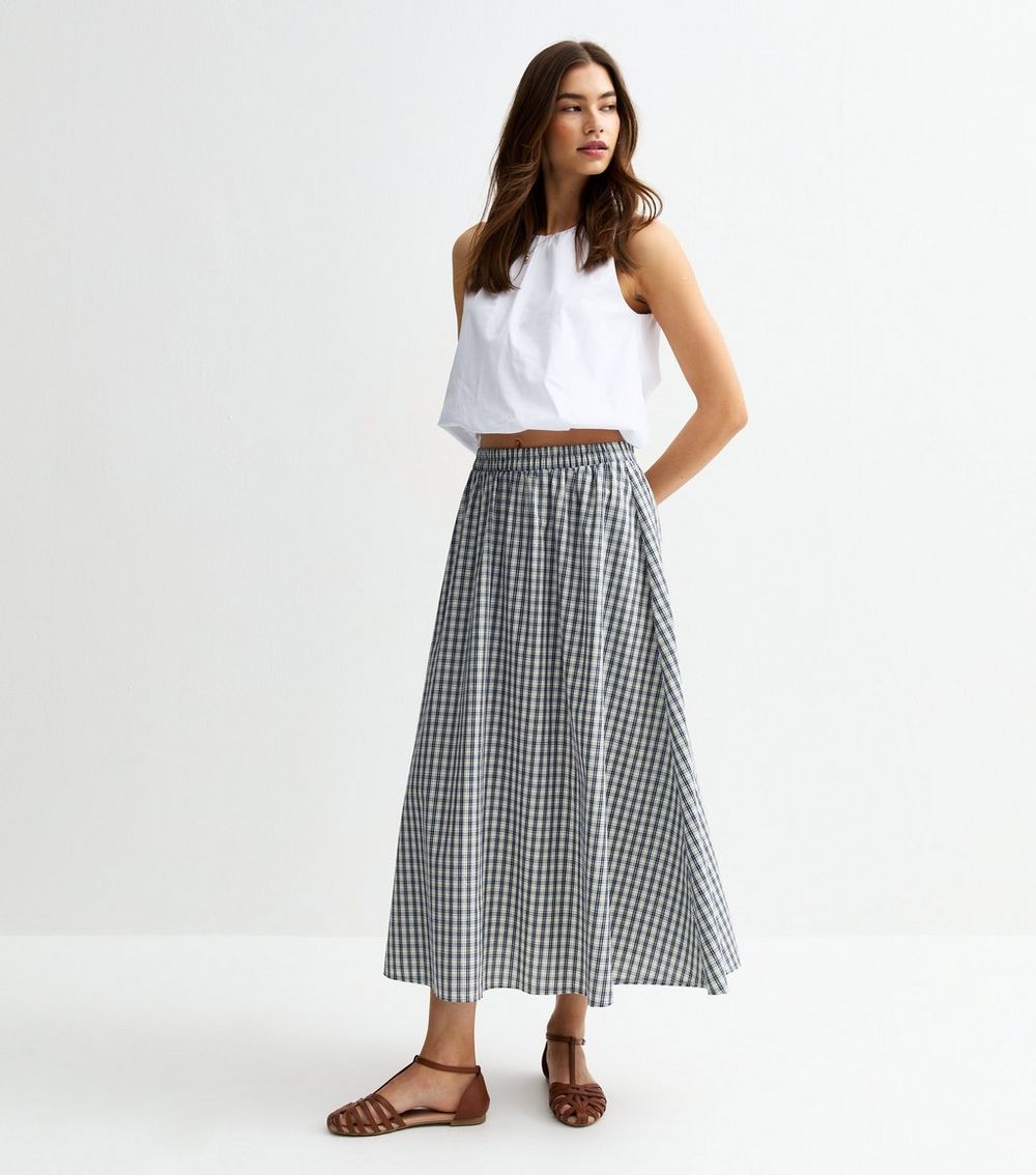 Blue Gingham Print Circle Midi Skirt