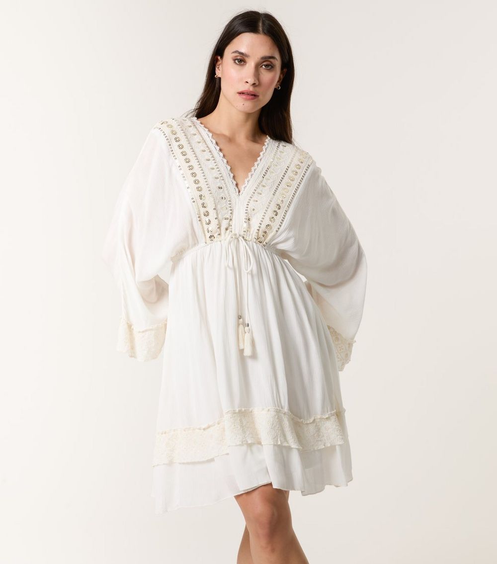 Blue Vanilla White Kimono Sleeve Mini Dress
