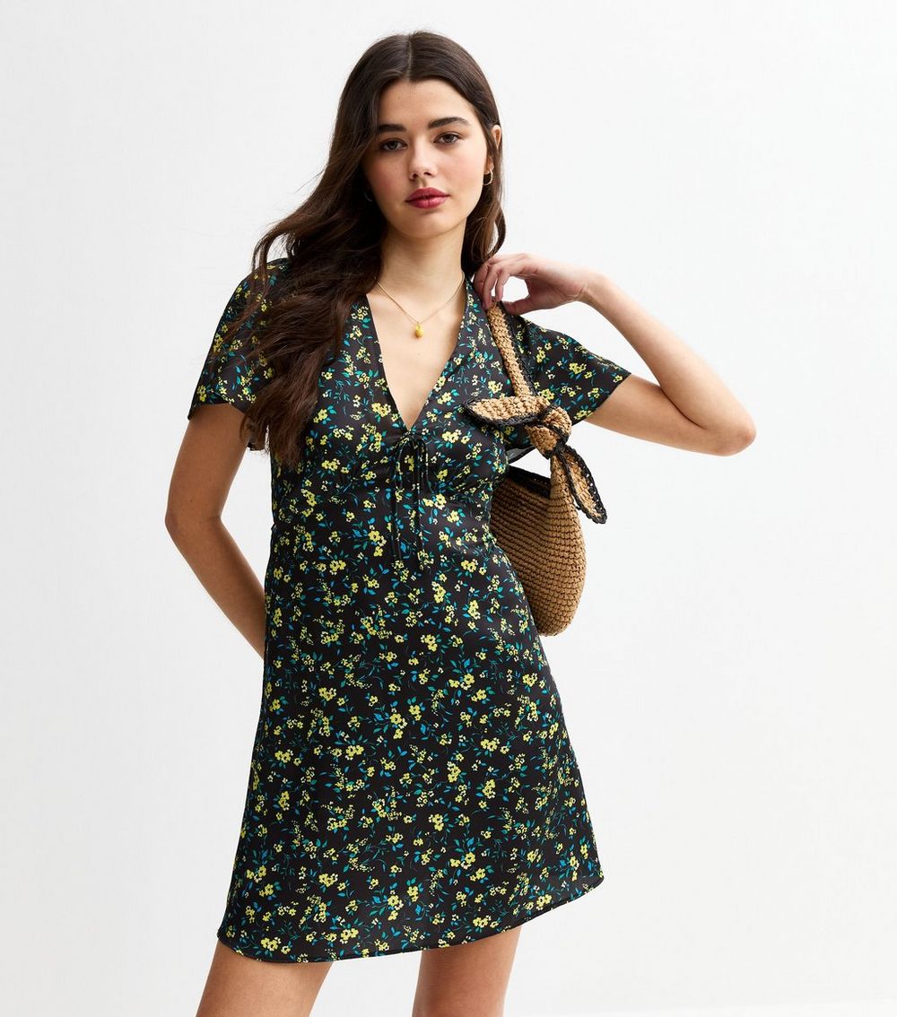 Black Floral Print Tie Neck Mini Dress