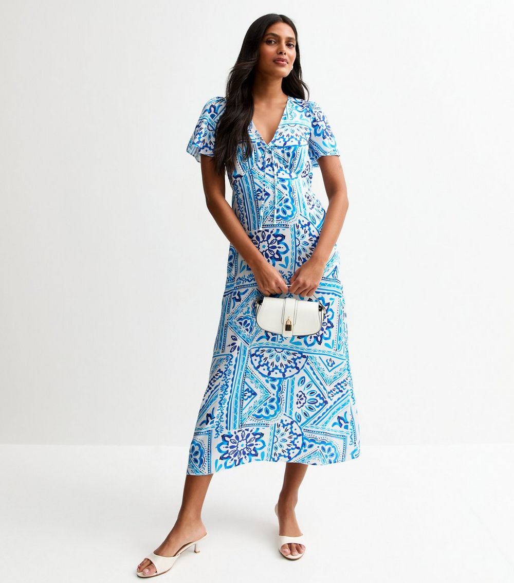 Blue Tile Print Midi Dress