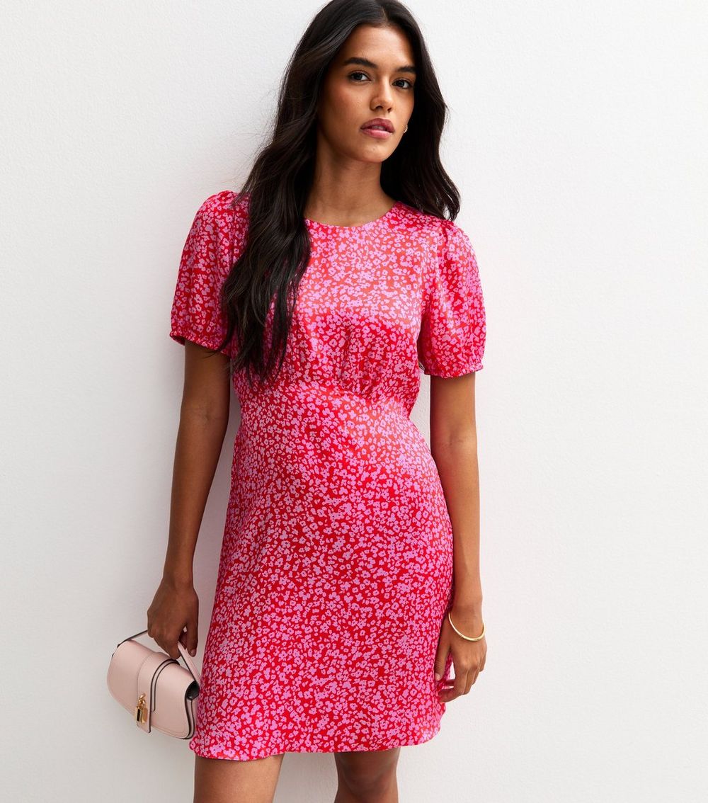 Pink Disty Print Open Back Satin Mini Dress