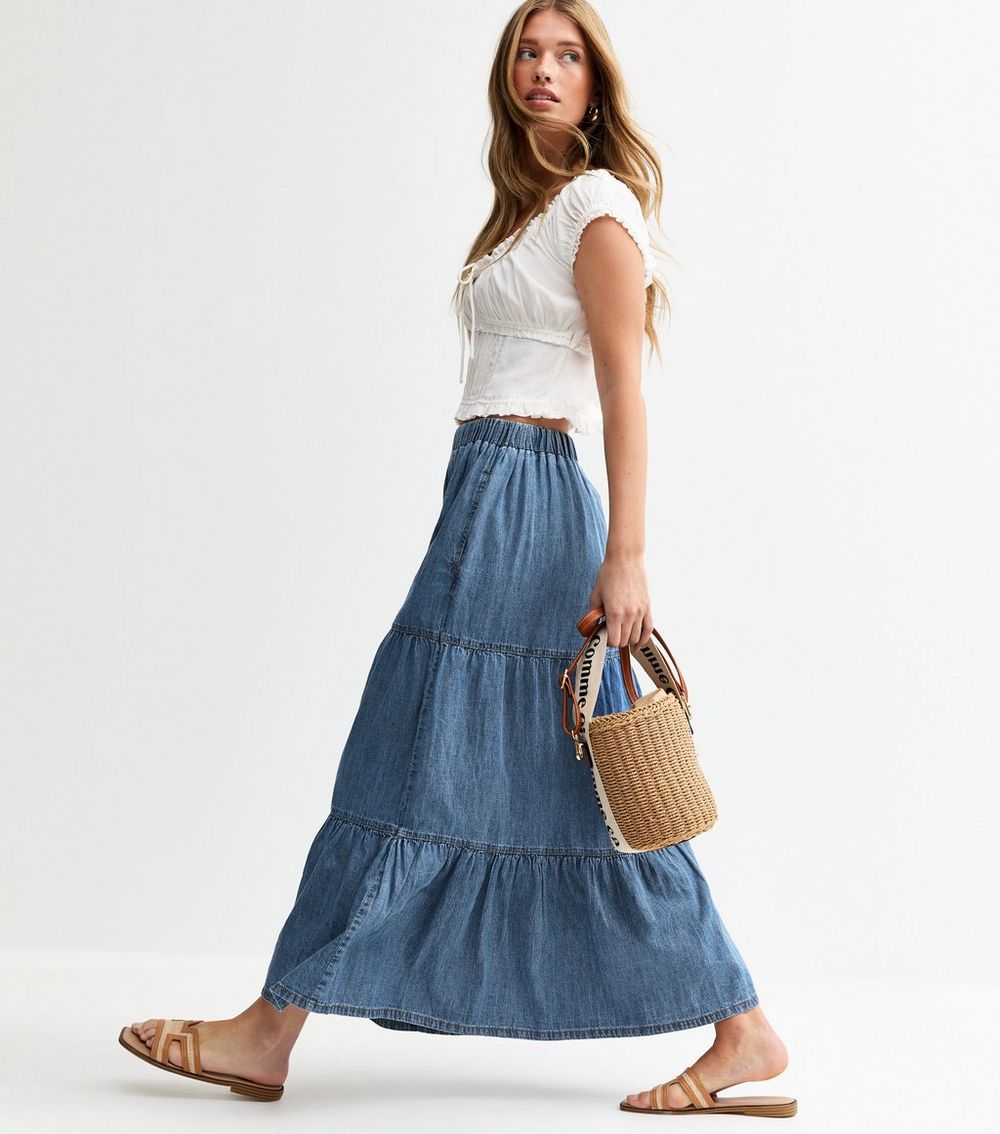 Blue Denim Tiered Midi Skirt