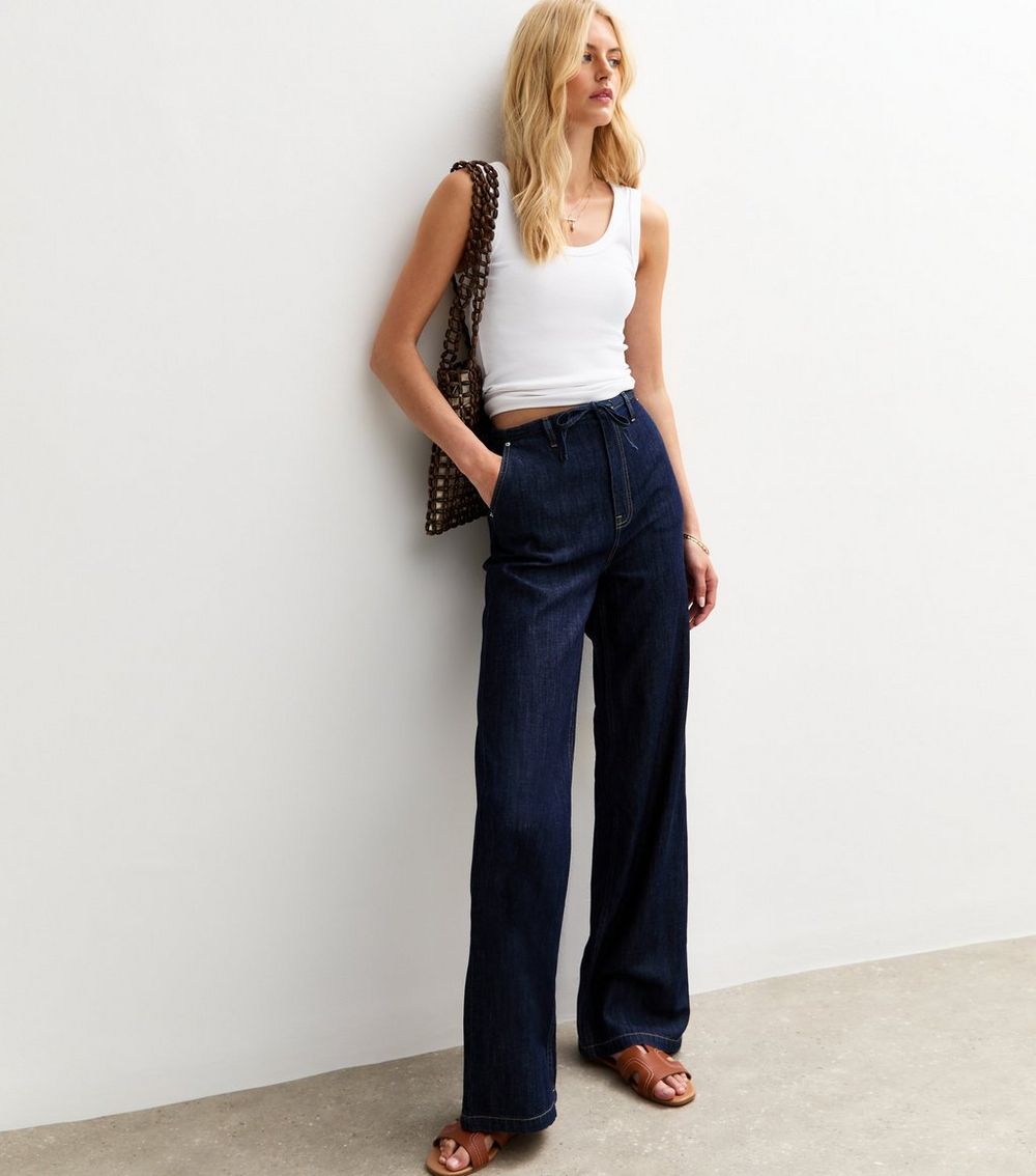 Tall Dark Blue Tia Drawcord Wide Leg Jeans