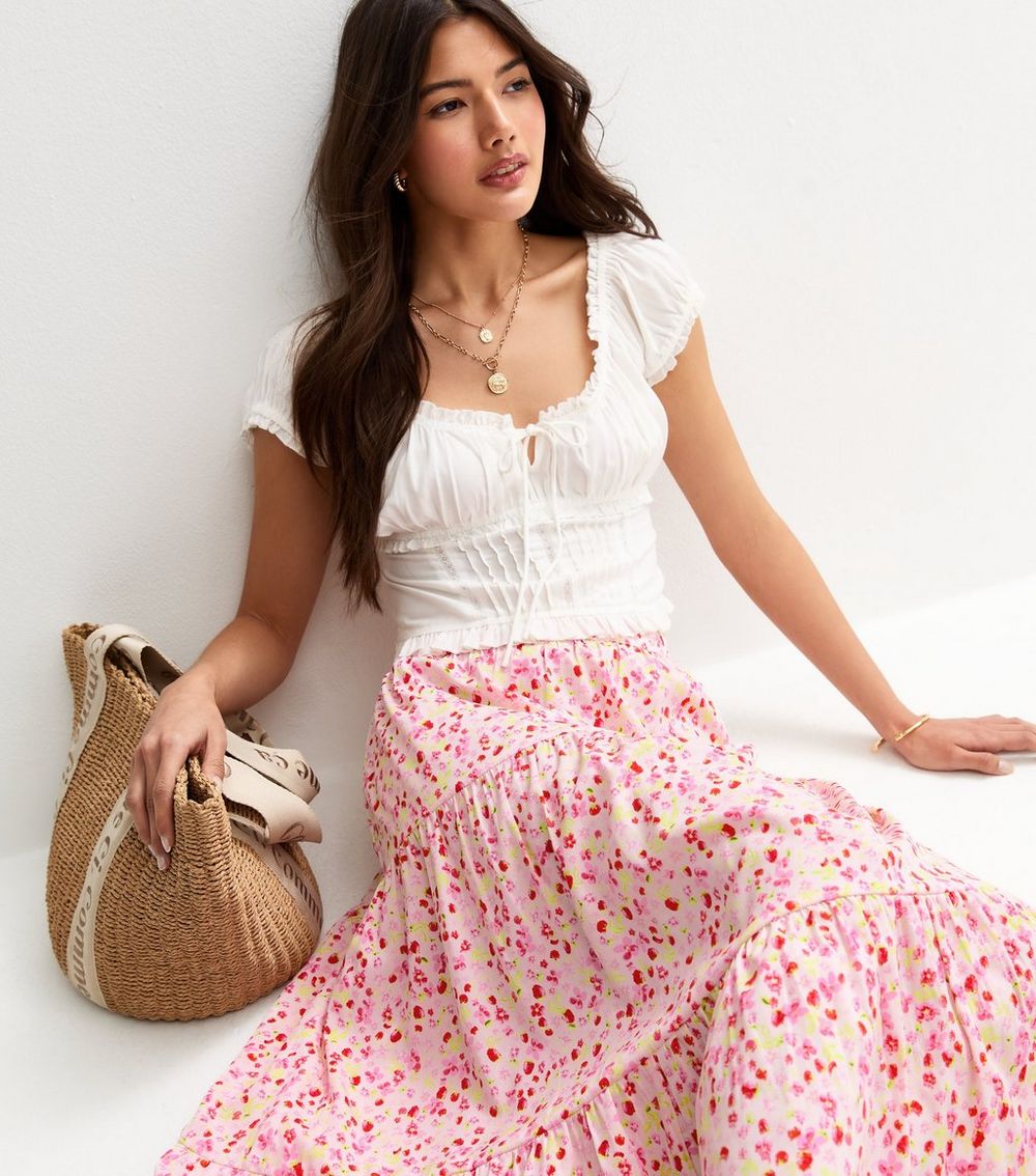 Pink Floral Print Tiered Midi Skirt