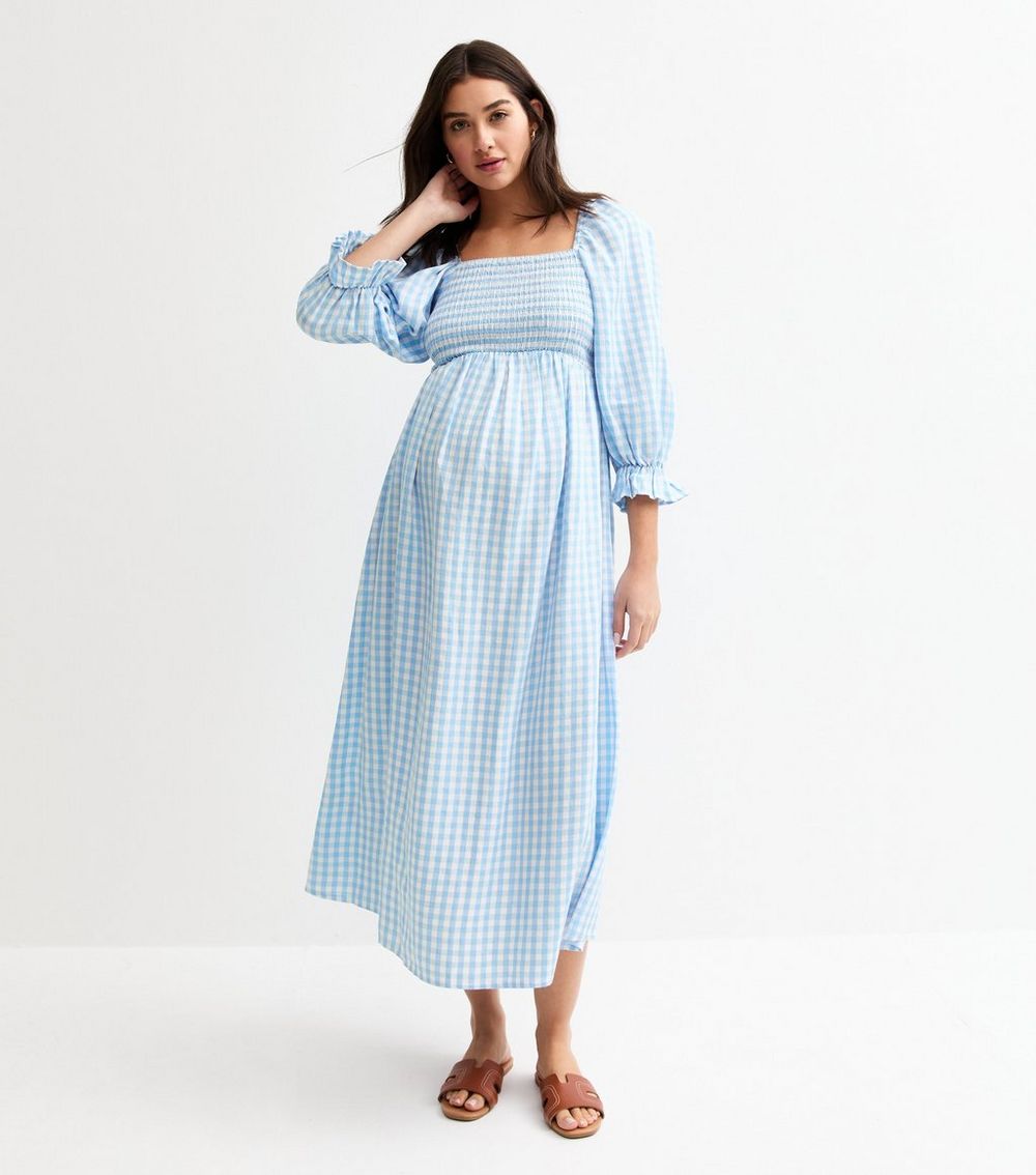 Maternity Blue Gingham Print Midi Dress