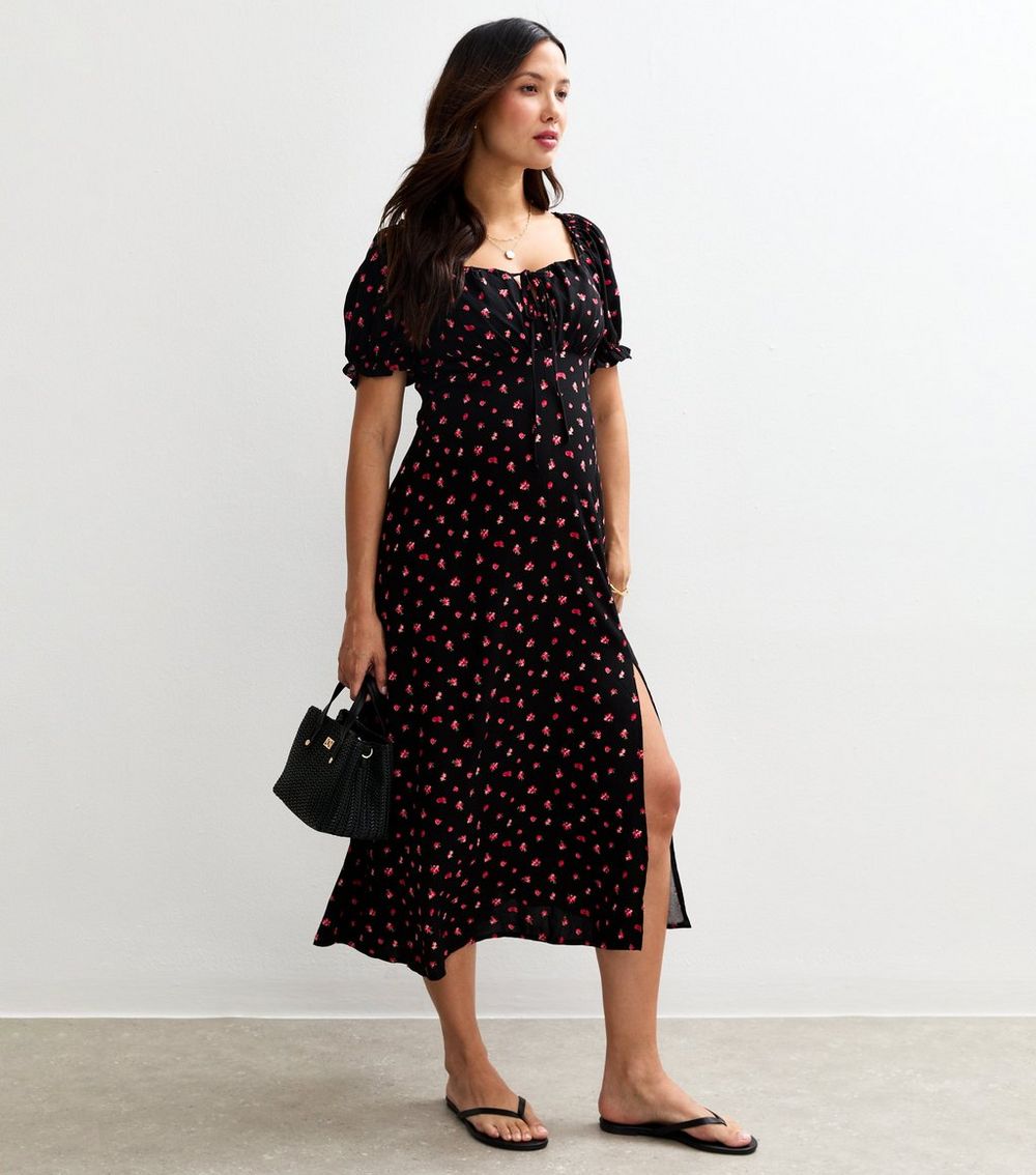 Maternity Black Berry Print Slit Hem Midi Dress