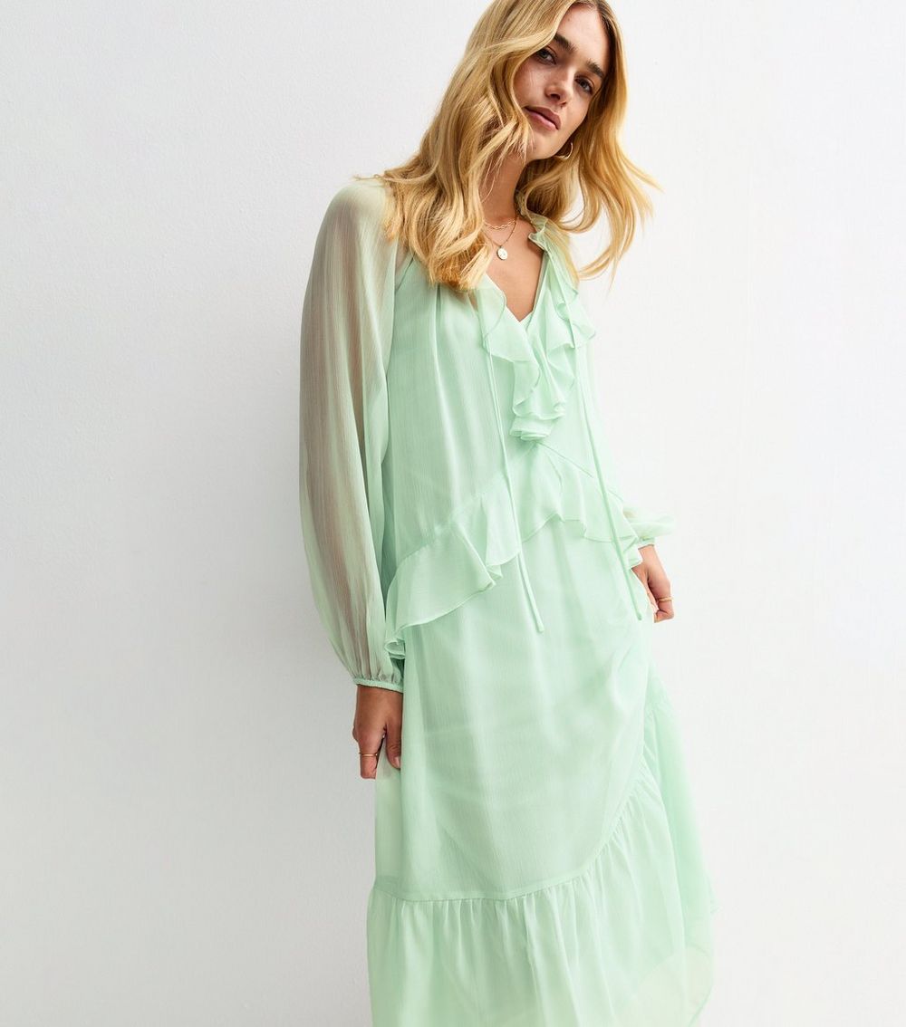 Light Green Frilly Trim Chiffon Midi Dress