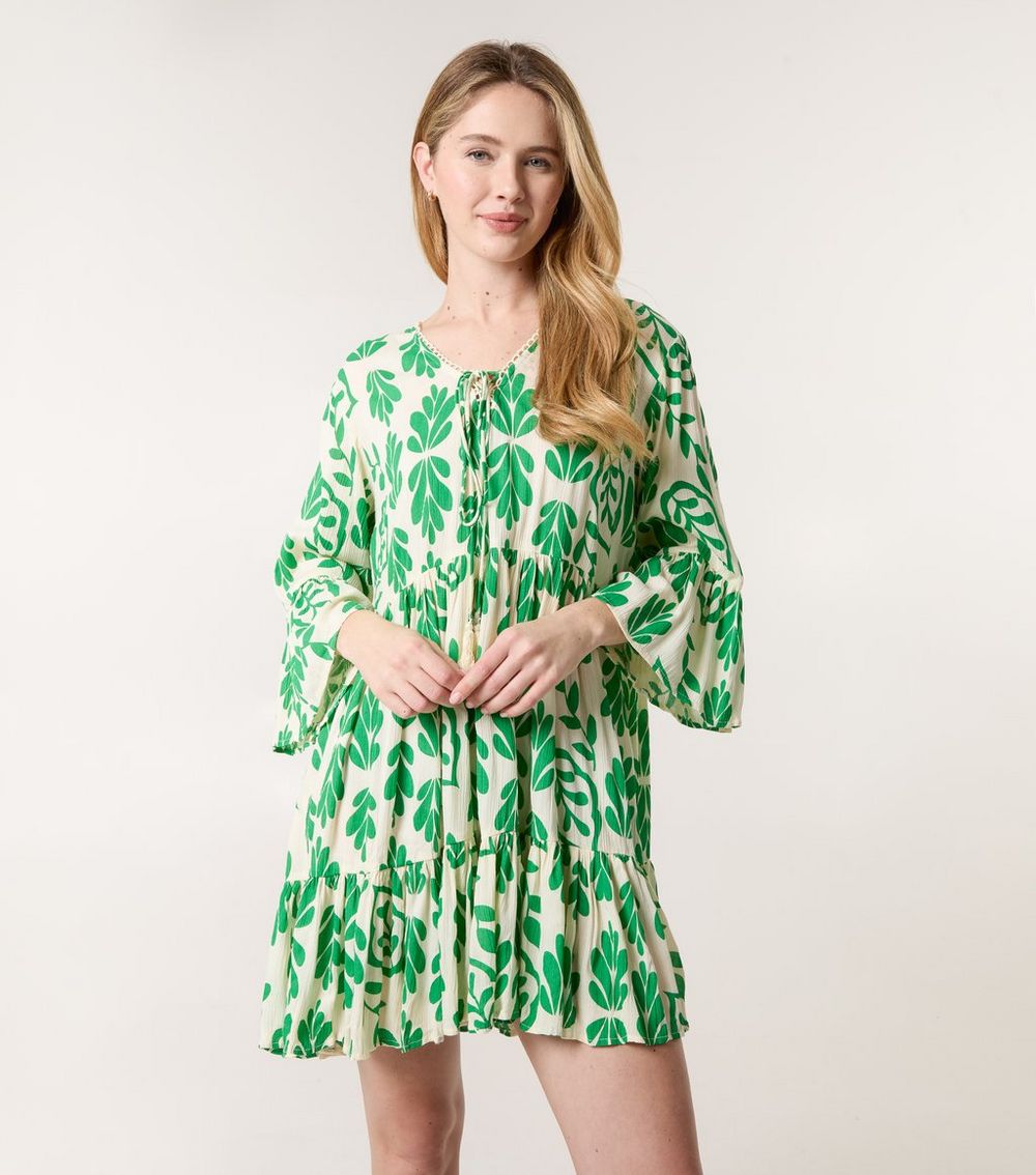 Blue Vanilla Green Tie Front Smock Dress