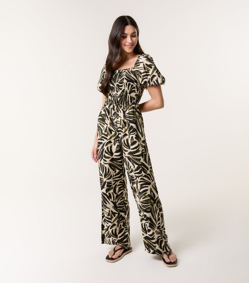 Blue Vanilla Khaki Green Palm Print Jumpsuit