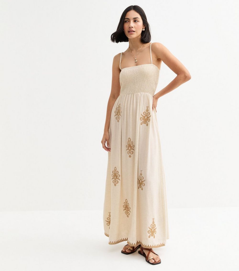 Blue Vanilla Cream Embroidered Shirred Maxi Dress