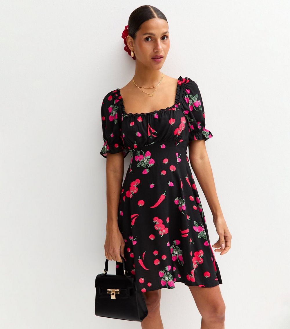 Black Berry Print Milkmaid Mini Dress