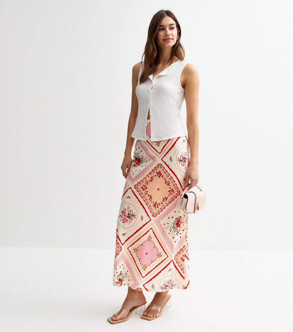 Pink Pattern Print Bias Cut Midi Skirt
