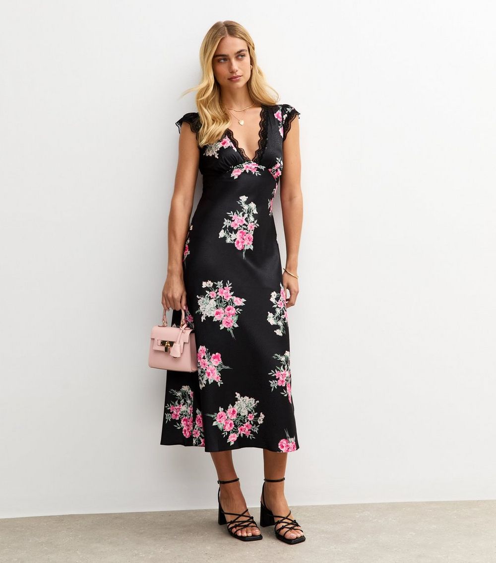 Black Floral Print Lace Trimmed Satin Midi Dress