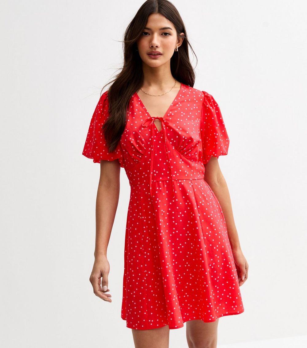 Red Polka Dot Puff Sleeve Mini Dress