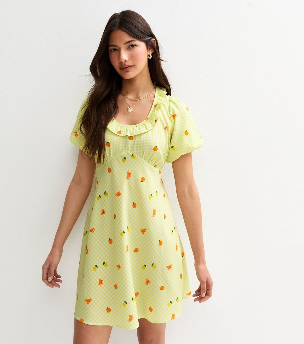 Yellow Fruit Print Frill Neck Mini Dress
