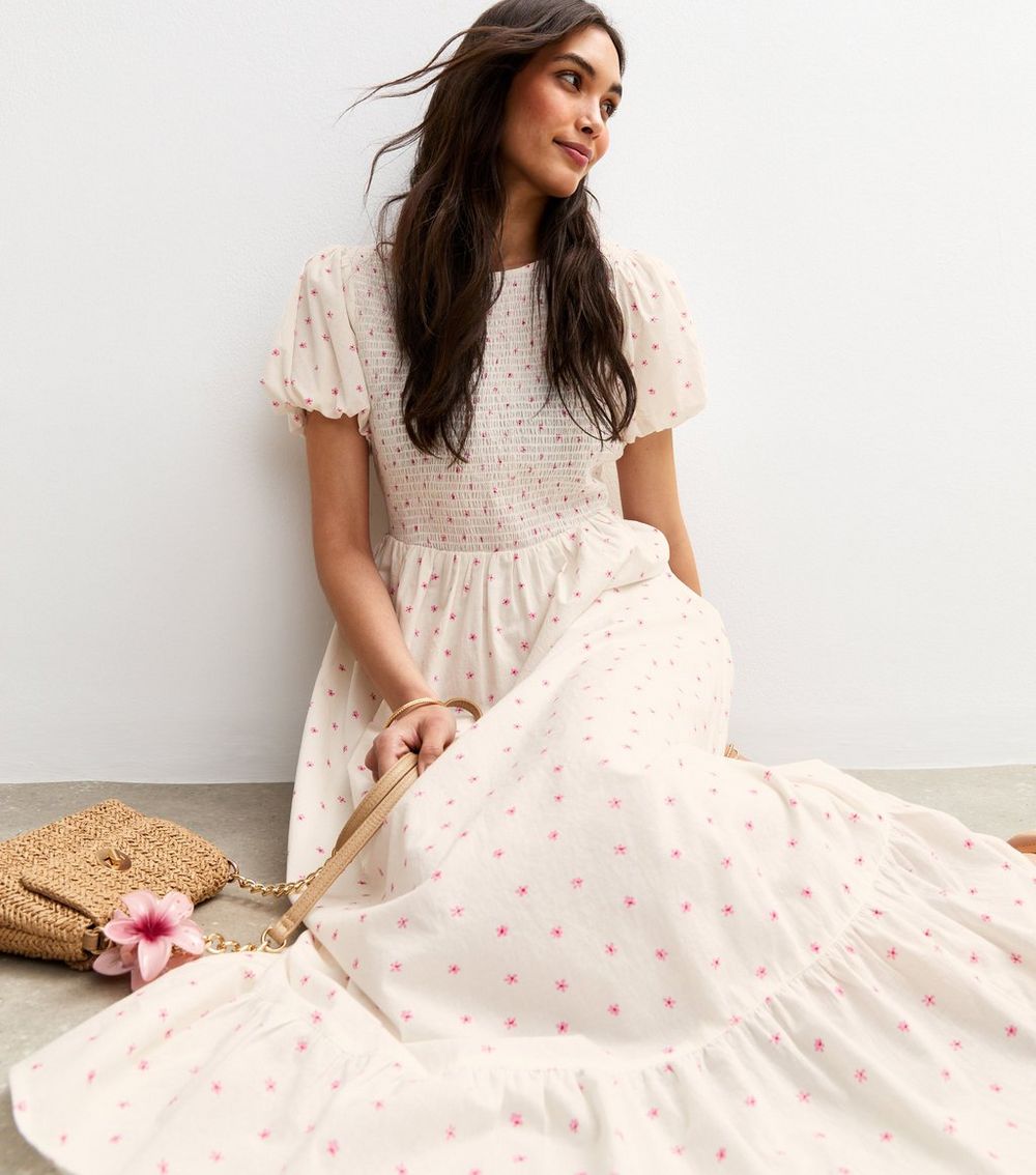 White Floral Print Puff Sleeve Midi Dress