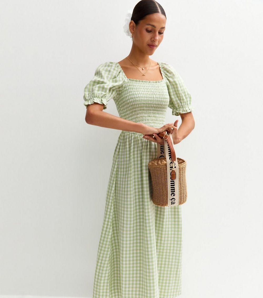 Green Checked Puff Sleeve Midi Dress