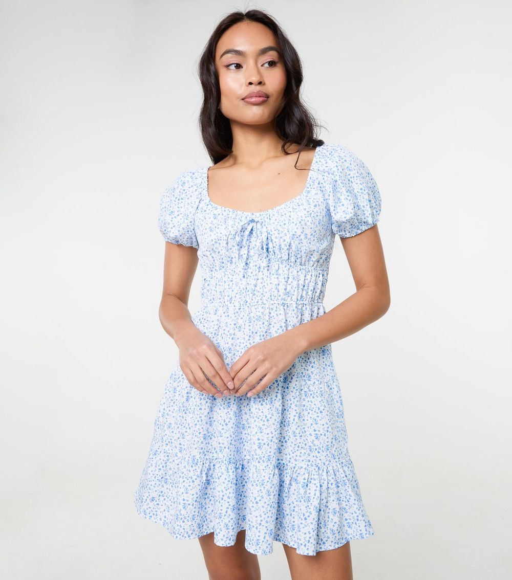 Pink Vanilla Blue Floral Print Puff Sleeve Mini Dress