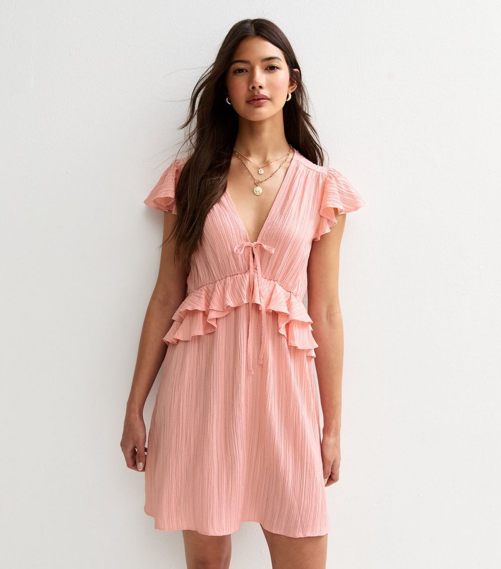 Pink Crinkle Texture Flutter Sleeve Mini Dress
