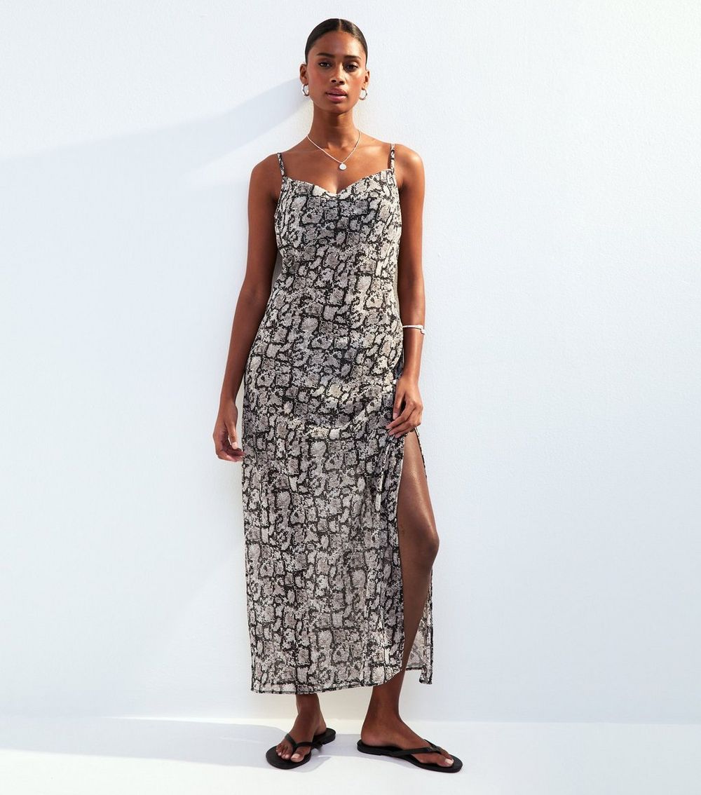Black Snake Print Cowl Neck Maxi Beach Dress