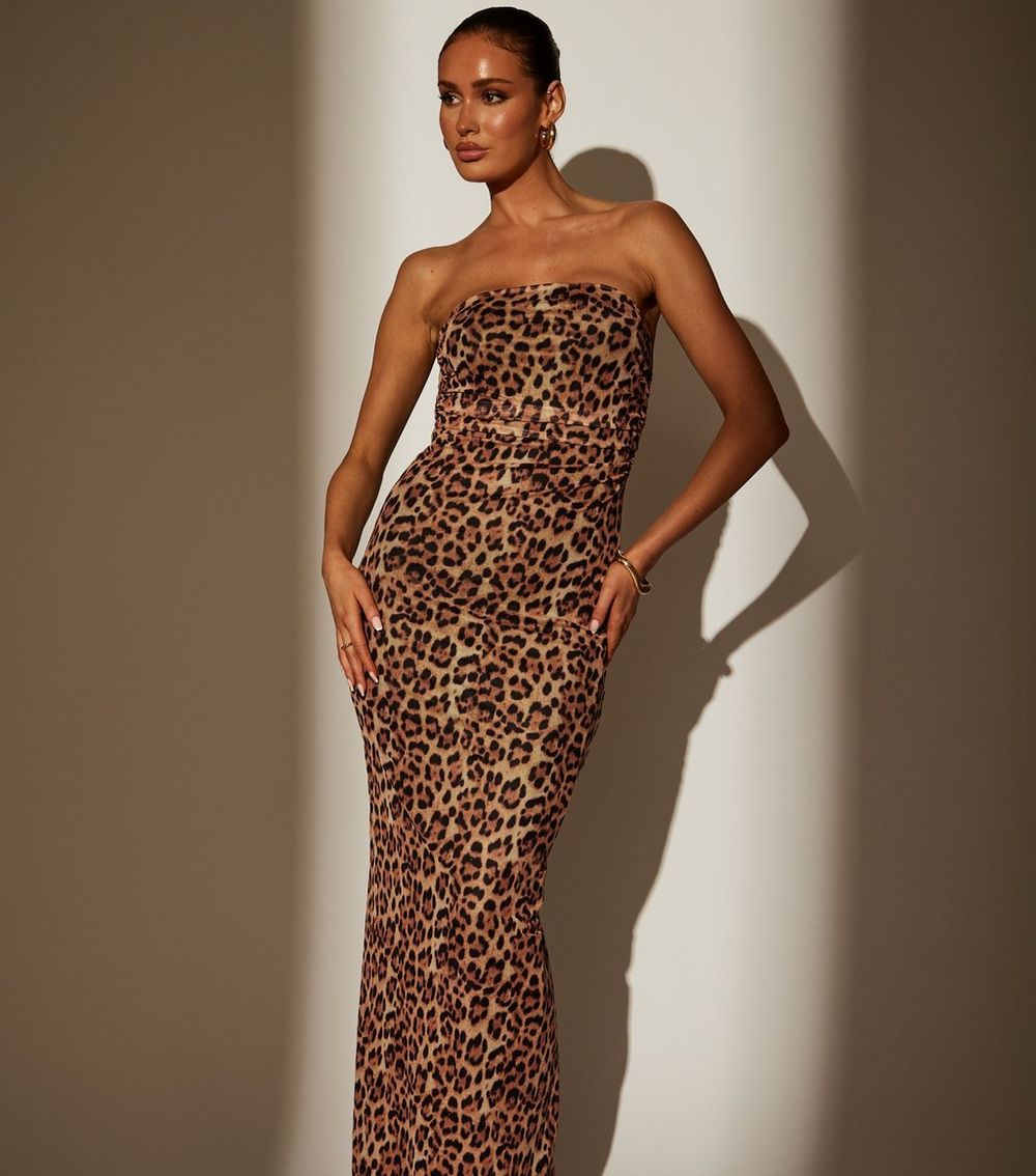 South Beach Brown Leopard Print Strapless Mesh Maxi Dress