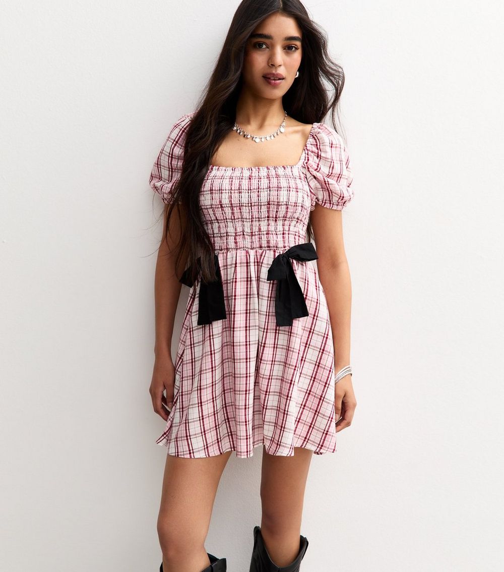 Pink Checked Shirred Bow Trim Mini Dress