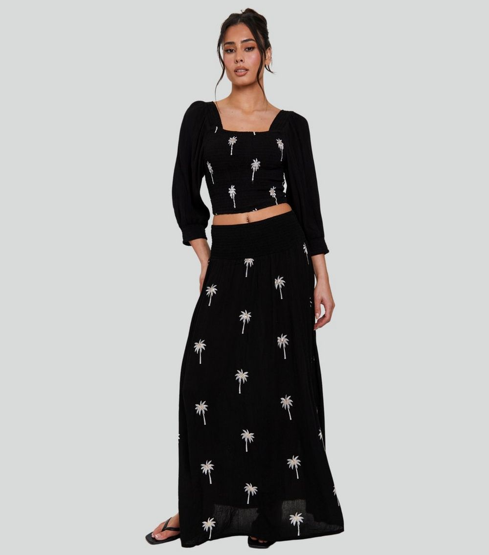 South Beach Black Palm Embroidered Maxi Skirt