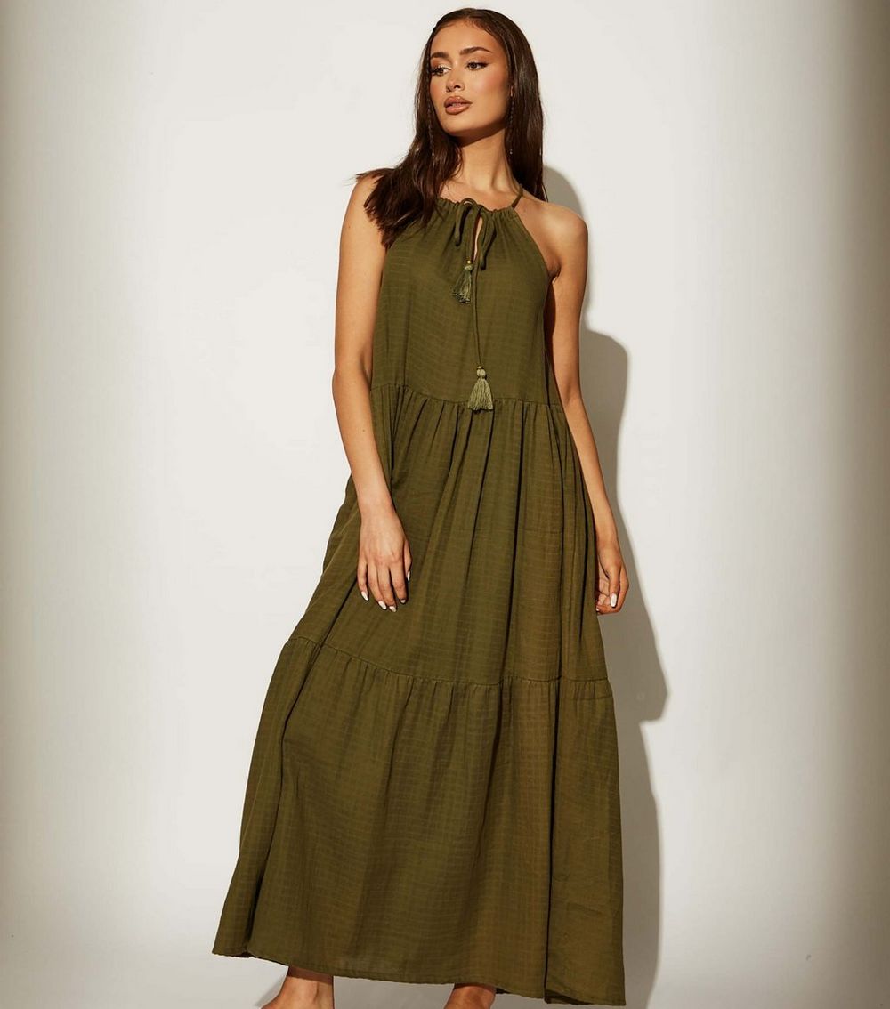 South Beach Khaki Tie Neck Textured Midi Dress