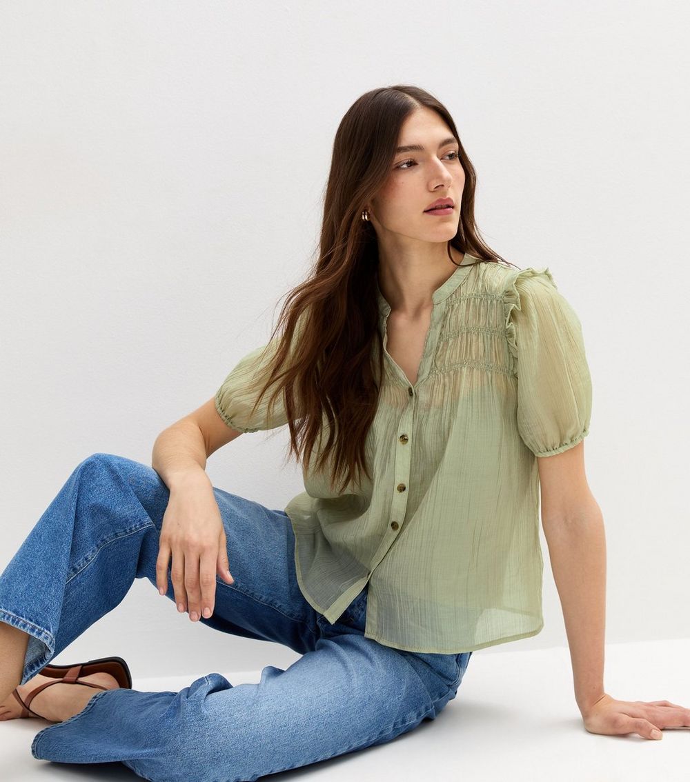 Green Shirred Bib Frill Sleeve Shirt
