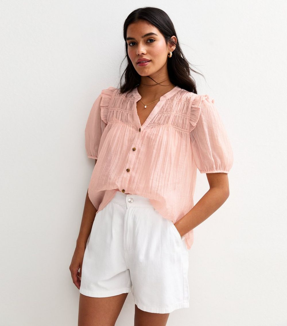 Pink Shirred Bib Frill Sleeve Shirt