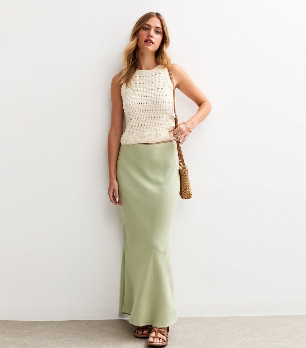 Light Green Linen Blend Bias Cut Midi Skirt