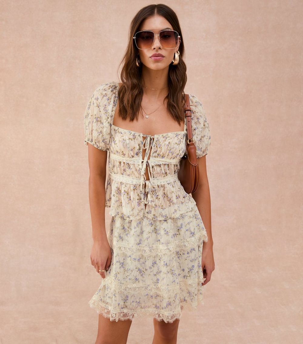 Cream Floral Print Lace Trimmed Mini Skirt