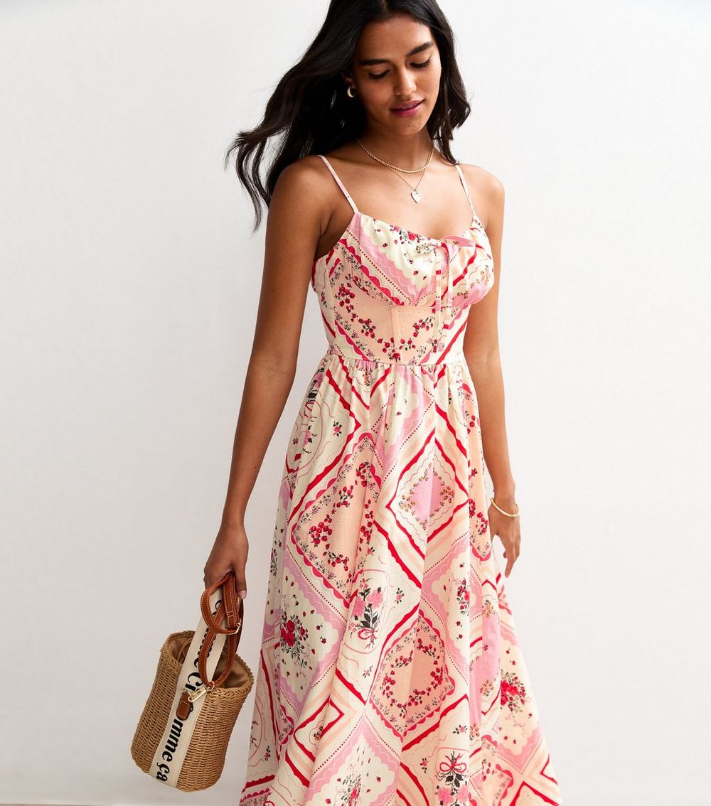 Pink Patchwork Print Corset Midi Dress