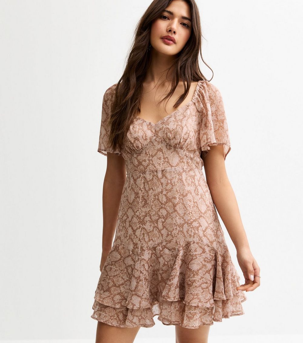 Brown Snake Print Tiered Chiffon Mini Dress