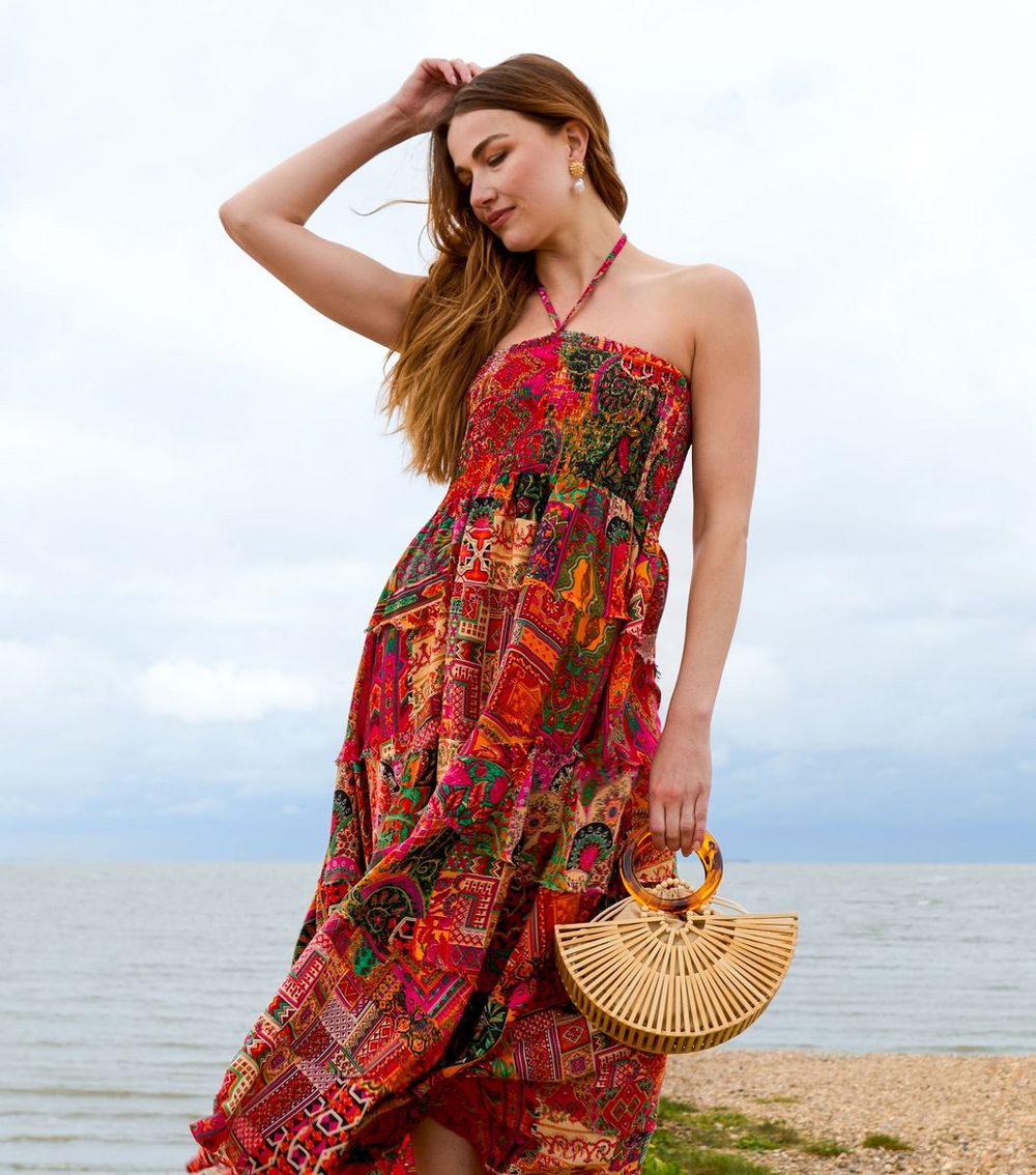 Blue Vanilla Orange Patchwork Print Halter Neck Midi Dress