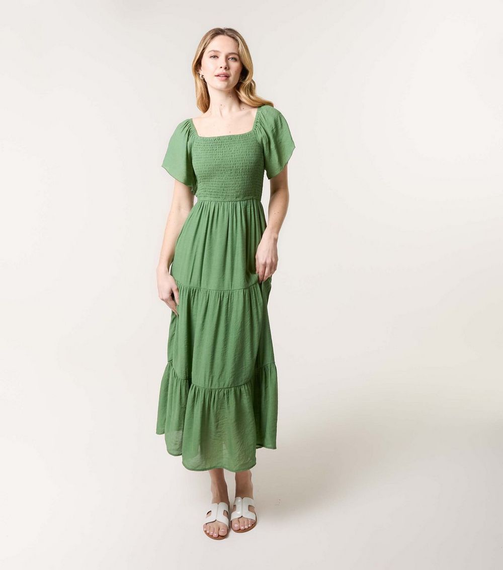 Blue Vanilla Green Flutter Sleeve Tiered Midi Dress