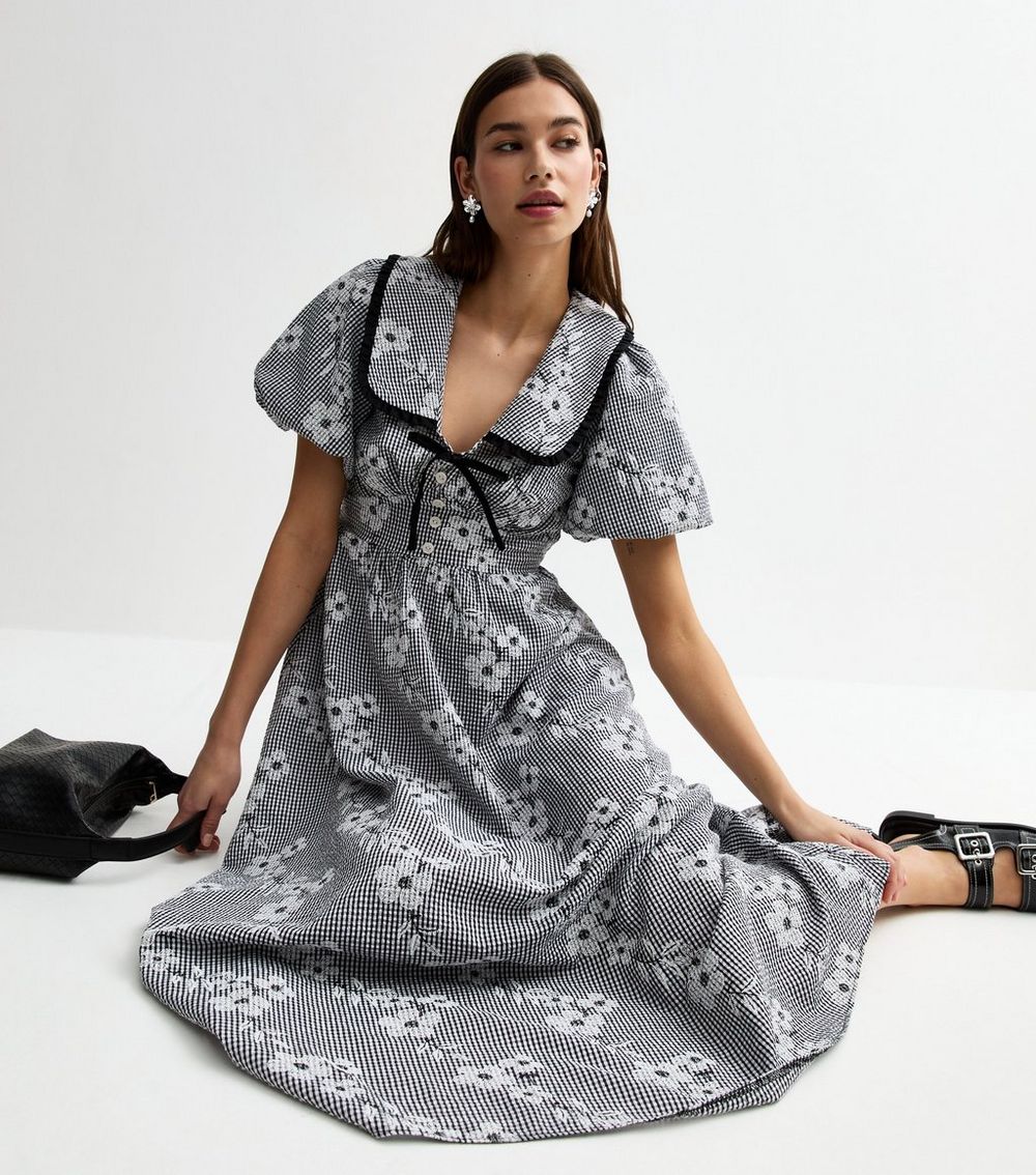 Black Floral Embroidered Gingham Midi Dress