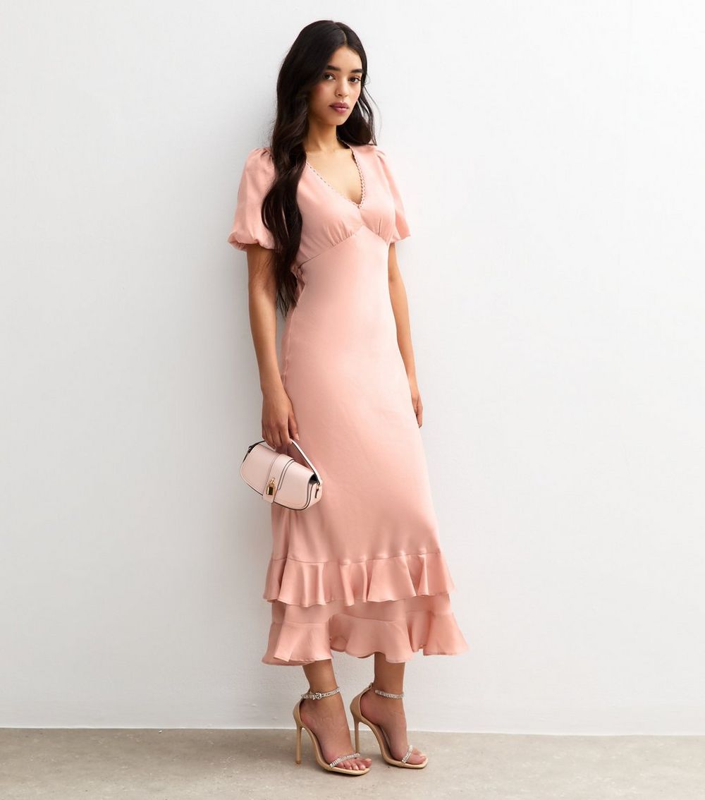 Light Pink Satin Puff Sleeve Ruffled Midi Dress
