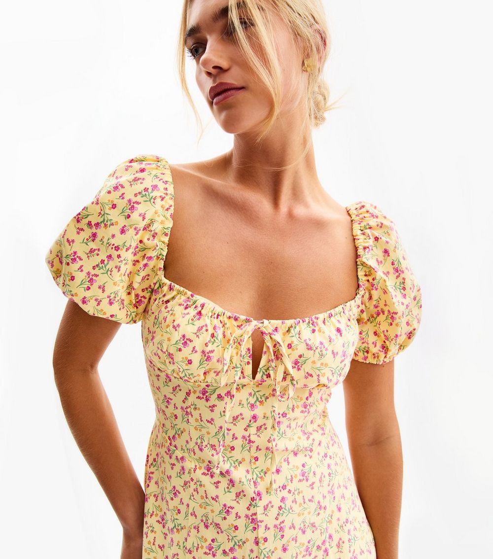 Yellow Floral Print Puff Sleeve Midi Dress
