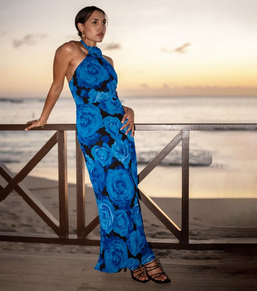 Gini London Blue Floral Print Halter Neck Maxi Dress