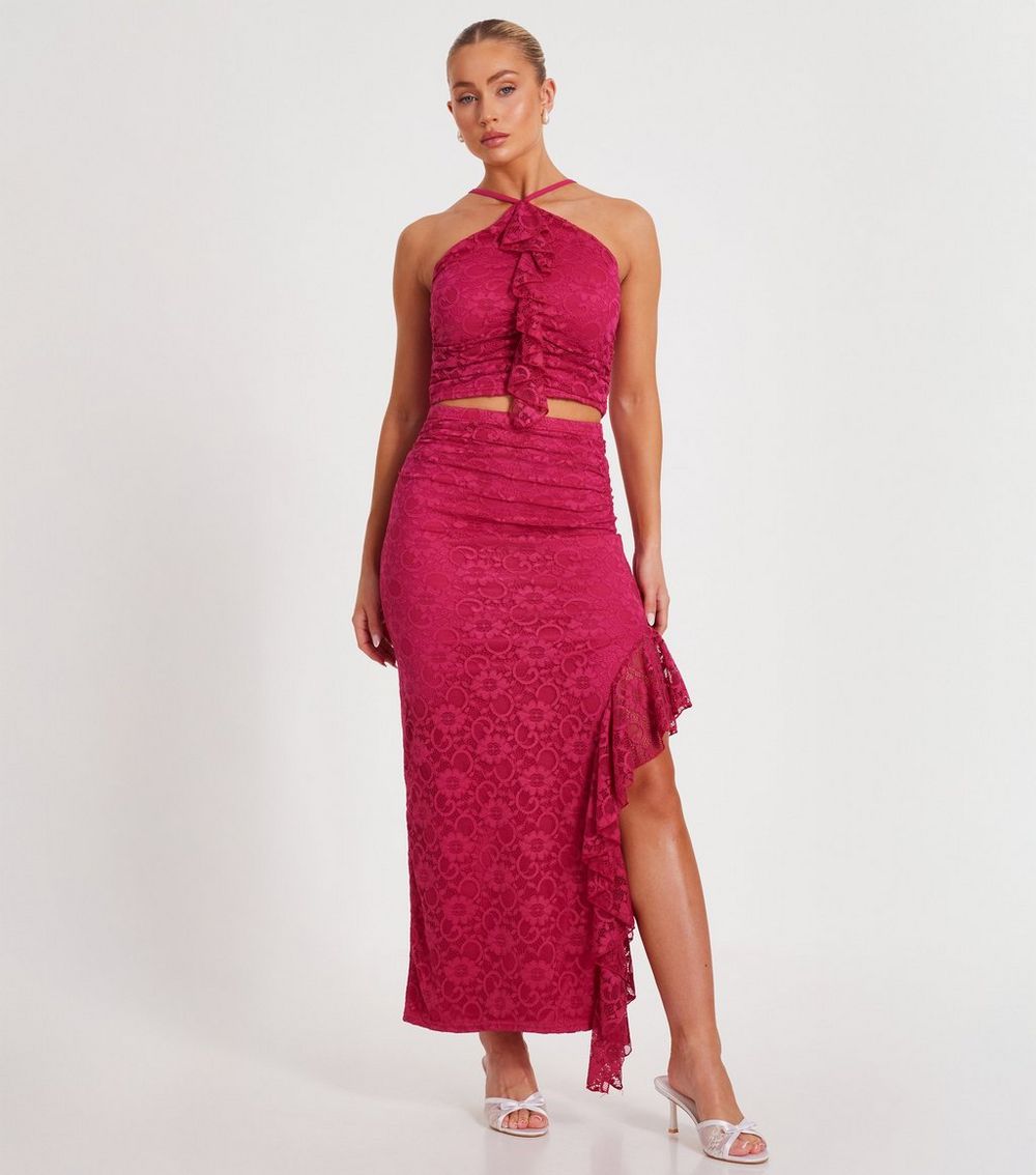 Pink Lace Frilly Trim Maxi Skirt